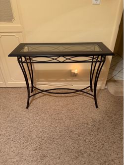 Dark Wood and Glass Console Table with Metal Base