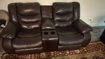 Brown Faux Leather Reclining Loveseat with Console