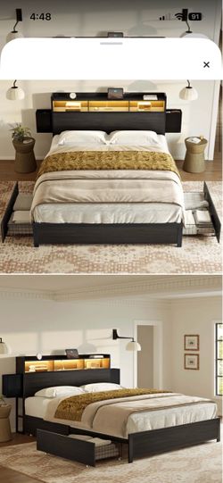 Queen Black Bed Frame with Storage Headboard and Drawers