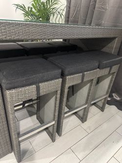 Rattan Bar Table and Stools Set