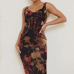 Floral Flocked Sleeveless Corset  Dress