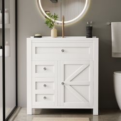 New 30'' Bathroom Vanity with Undermount Resin Sink, Freestanding Bathroom Vanity with Resin Top, Wood Bathroom Cabinet with Drawers & Shelves, White 