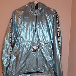 Victoria’s Secret PINK Blue Metallic Anorak Pullover Hoodie size M/L