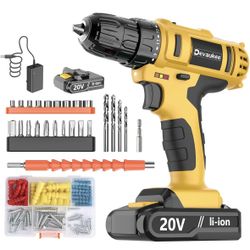 Cordless Drill Driver Kit, 20V Electric Drill with Battery and Charger, 18+3 Torque Setting, 2 Speeds, 3/8" Keyless Chuck Compact Power Drill Set with