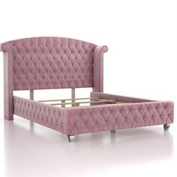 Queen Size Glam Style Pink Wingback Crystal Accent Bed Frame