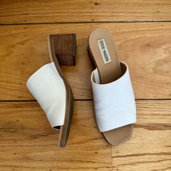 Steve Madden Size 7.5 Alessia Stacked Heel Leather Mule Sandals In White