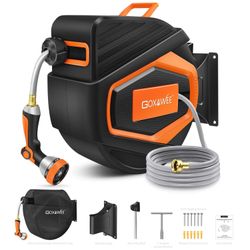 GOXAWEE Retractable Garden Hose Reel, 1/2" x 100 ft Upgraded UV Resistant Water Hose Reel Wall Mounted, Any Length Lock, Automatic Rewind, 180°Swivel 