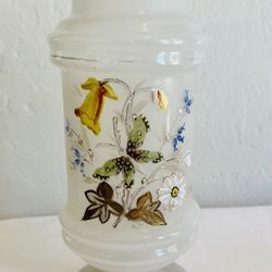 Vintage Antique Bristol Frosted Art Glass Vase Ruffled Edges White Blue Flowers, granny chic, cottag