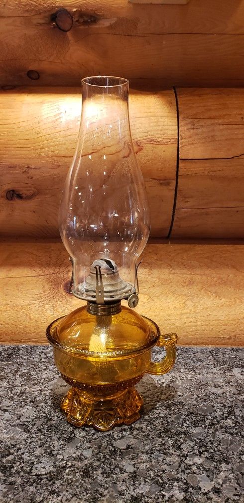Antique / Vintage Kerosene Oil Lamp Amber Glass Finger Hole