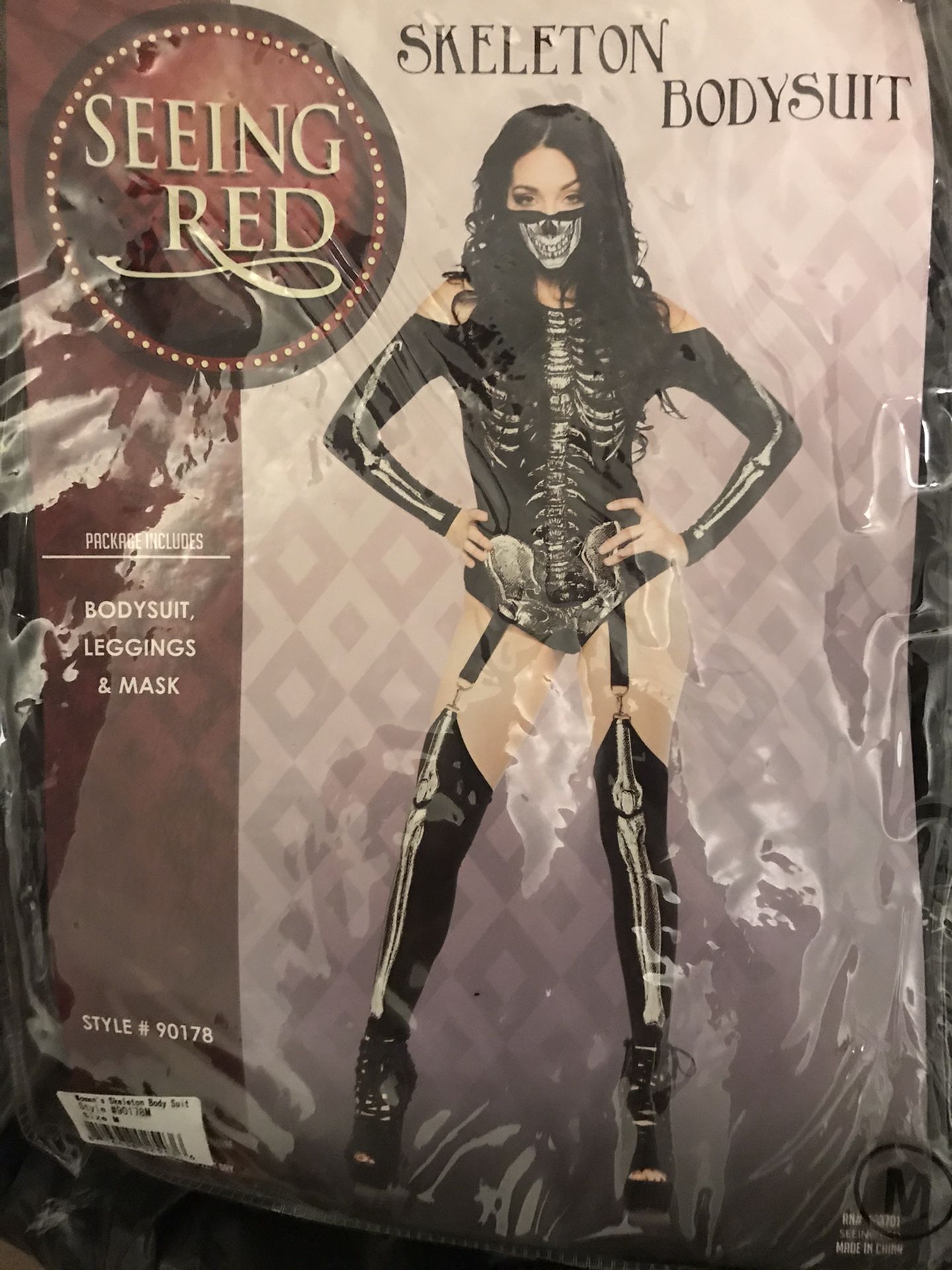 Sexy skeleton costume body suit size is M.