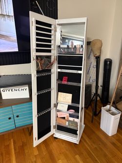 White Floor Standing Jewelry Armoire with Mirror