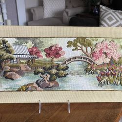 1982 Oriental Tea Garden Crewel Embroidery, 10" x 20", Mounted