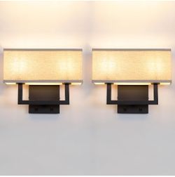 New! Set of 2 Linen Fabric Boho Wall Sconce Bedside Light with On Off Switch, 2-Light Finished Hardwired Vintage Industrial Dual Wall Mount Lamp