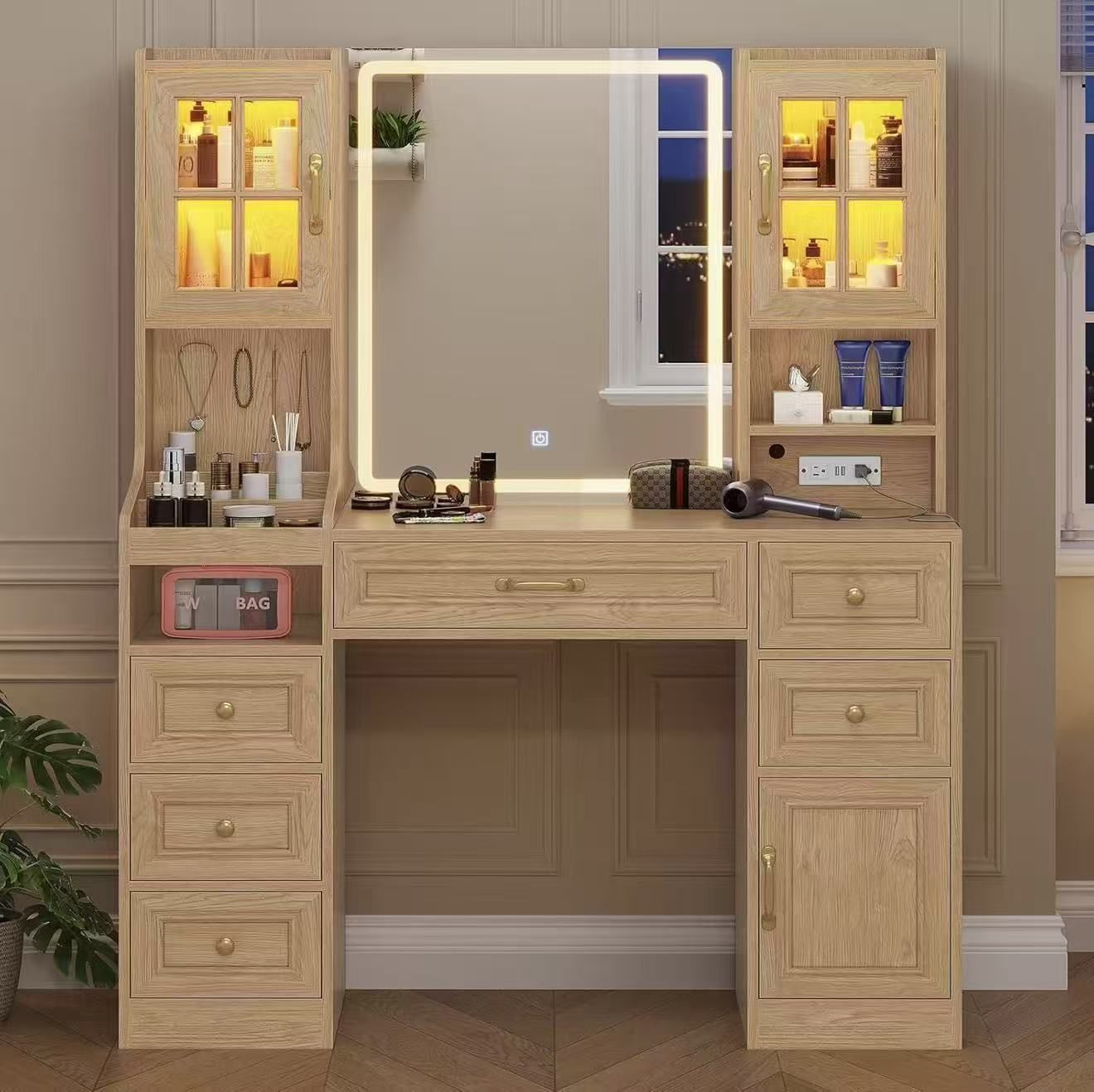 BTHFST Wood Vanity Desk with Touch Screen Mirror and Lights & Charging Station, Makeup Vanity with RGB Light Cabinets, 6 Drawers, 5 Jewelry Hooks, Van