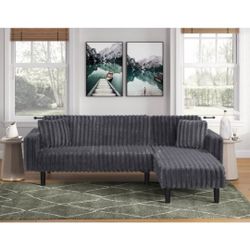 Dark Grey Corduroy Fabric Click Clack Reversible Sectional sofa Futon
