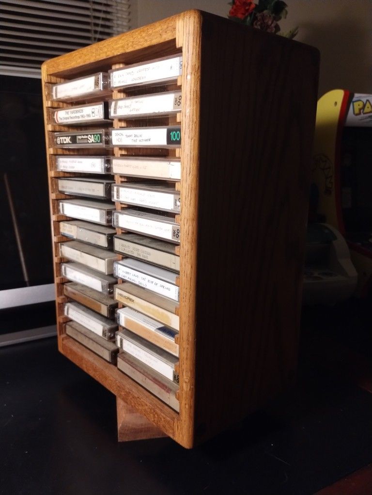Vintage Tape Collection & Spinning Solid Wood Rack 48 Taoes