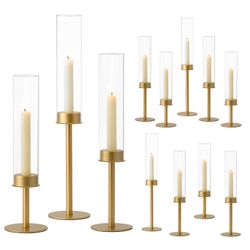 Hewory Gold Candle Holders Hurricane Candlestick Holders, 12Pcs Brass Candle Stick Candle Holder Candelabra, Taper Candle Holders With Glass Candle Co