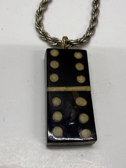 Vintage Sterling Silver Domino Pendant Necklace Black Retro Charm Chain