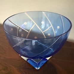 Retro FTD Cobalt Blue Etched Cut Glass Pedestal Bowl