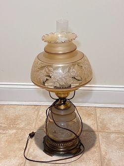 Vintage Hurricane Lamp with Etched Floral Glass