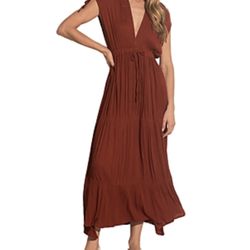 NWT Elan Maxi Dress Deep Neck Clay Deep Red Medium Original $86