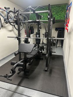 Vesta Fitness Smith Machine 2001 w/Bench Attachment | 230lb Bumpers Weights | 7ft Olympic Bar | Fitness | Gym Equipment | FREE DELIVERY & INSTALL🚚