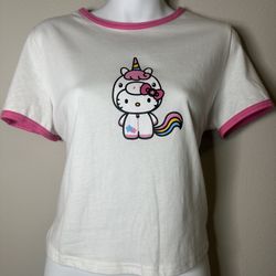 Hello Kitty SHEIN Unicorn White & Pink Ringer  T Shirt  Size Large 
