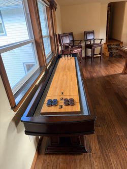 Shuffleboard Table with Electronic Scoreboard & Bowling Set — $450 OBO