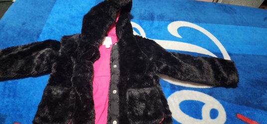 Black Faux Fur Hooded Jacket with Pink Lining