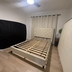 Queen Upholstered Bed Frame with Tufted Headboard – Cream