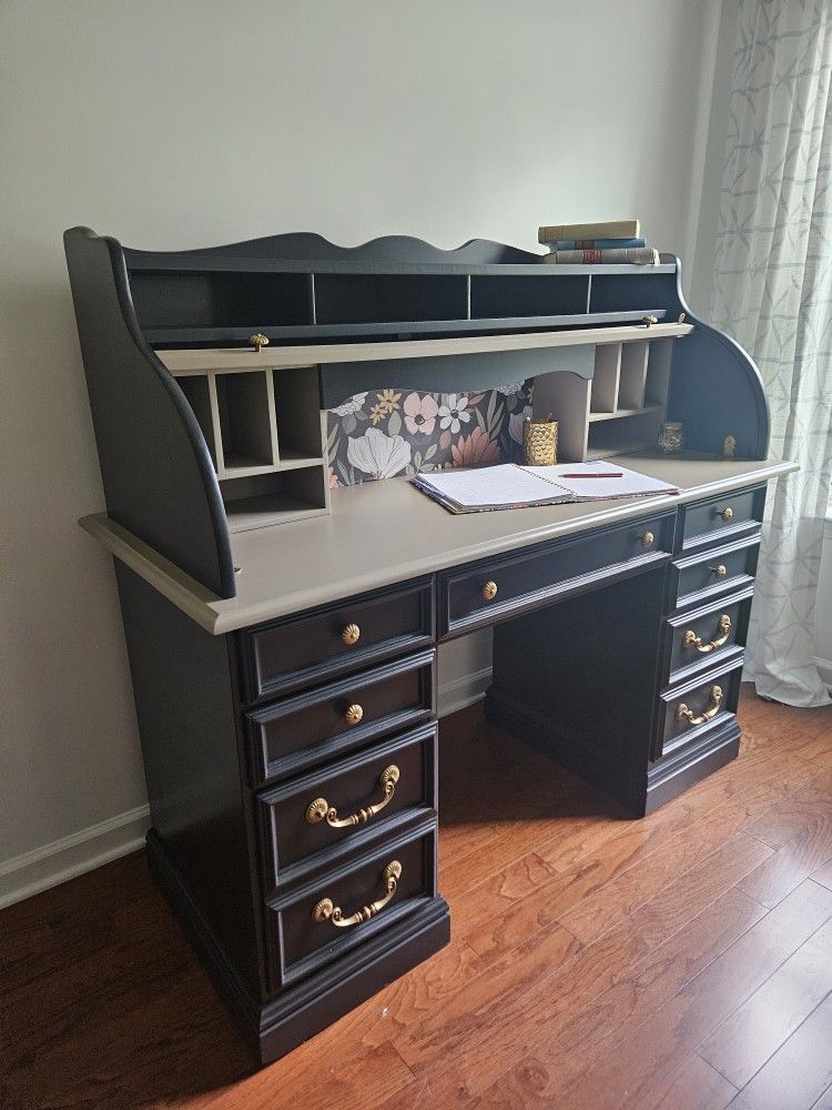 Restored Roll-Top Desk – Black & Taupe