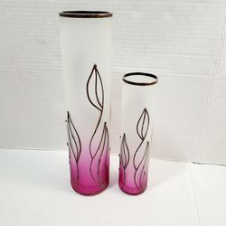 2 Purple Pink  Art Glass Vases ( Signed) 