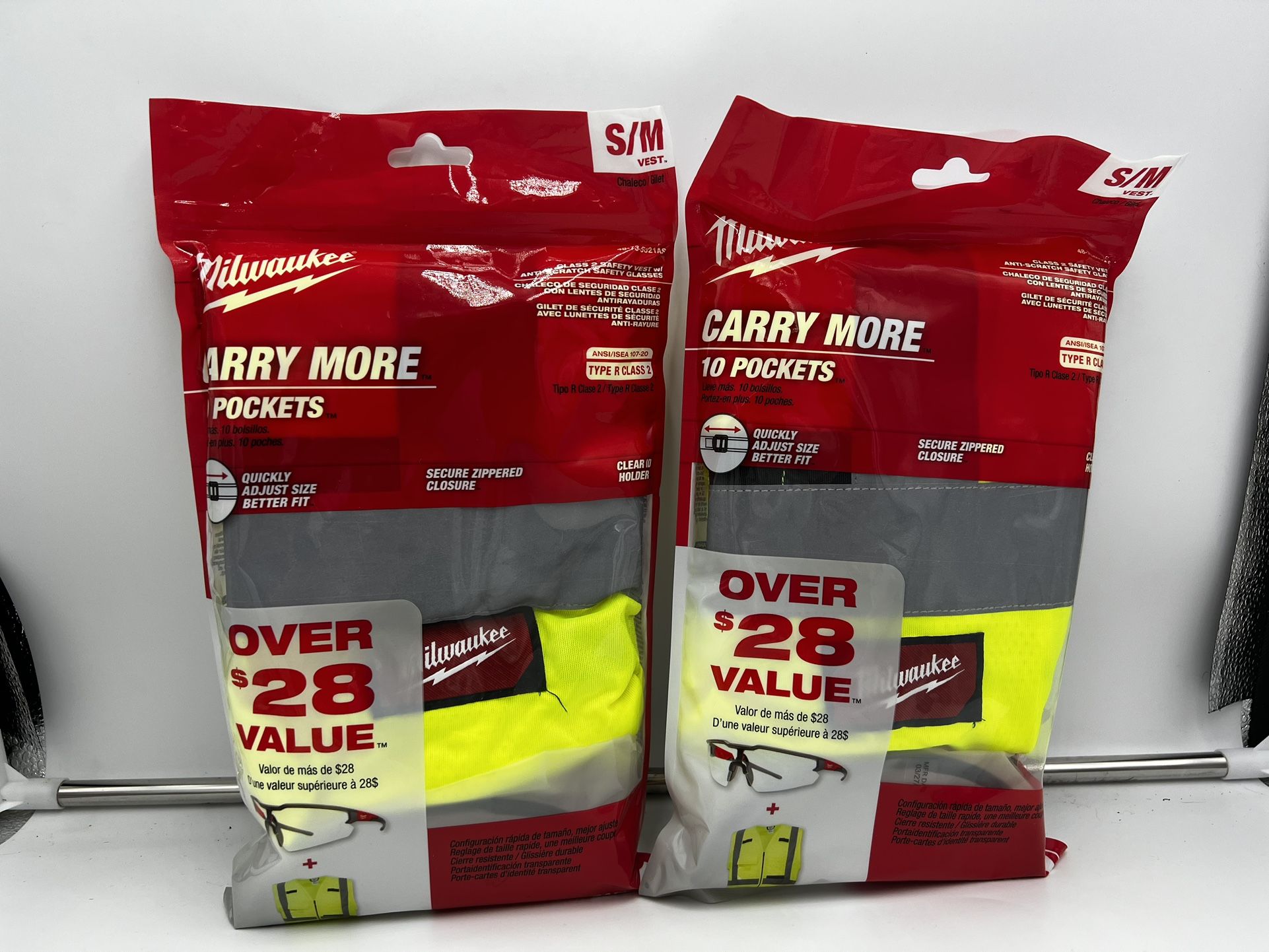 2X Milwaukee Small/Medium Yellow Class 2 High Visibility Safety Vest with 10 Pockets & Clear Safety Glasses Anti-Scratch Lenses