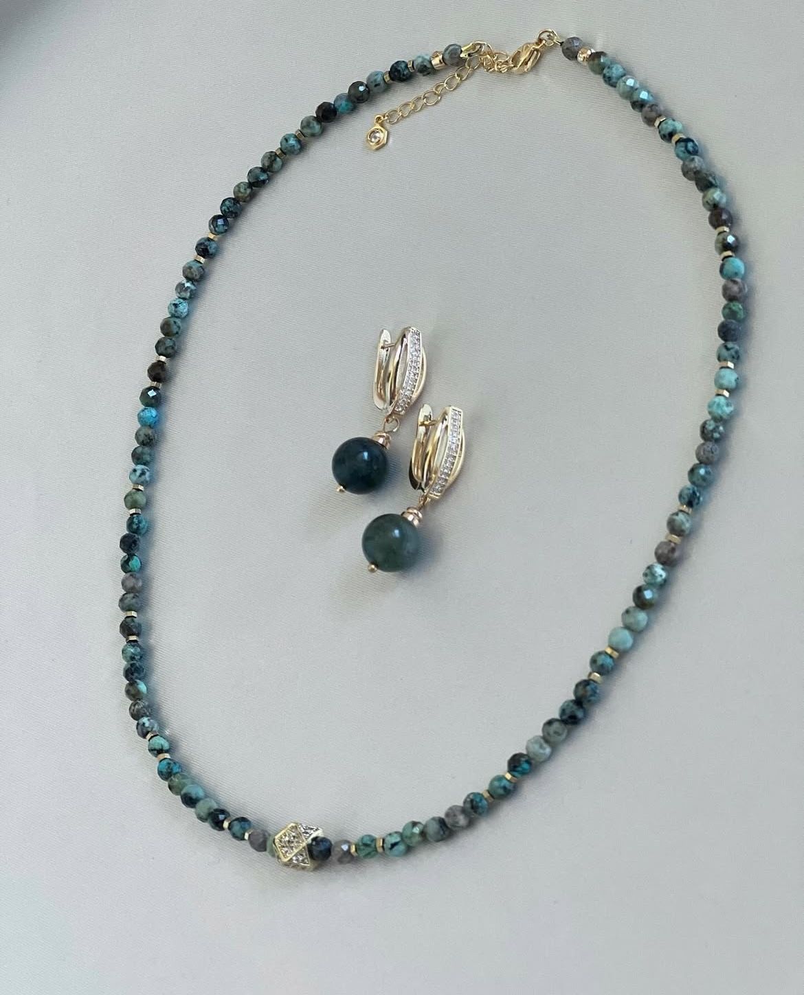 Natural African Turquoise Necklace Set with Real 18K Gold Plated Earrings - Blue & Green & Gold - Handmade Necklace