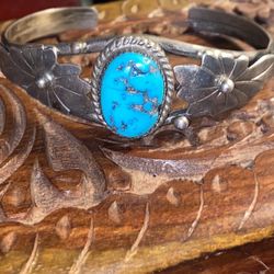 antique Baby blue turquoise stone silver cuff bracelet with signature AM on the