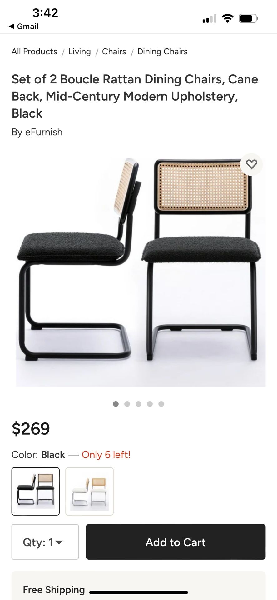 Set of 2 Boucle Rattan Dining Chairs, Cane Back, Mid-Century Modern Upholstery, Black