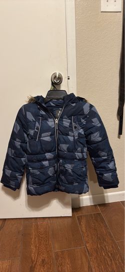 Kids Navy Puffer Jacket with Faux Fur Hood