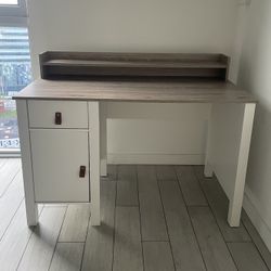 White Wooden Home Office Desk with Storage Drawer & Cabinet