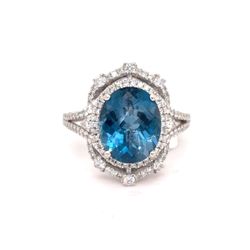14Kt White Gold Effy Blue Topaz Diamond Ring 4.60g Size 7 1648