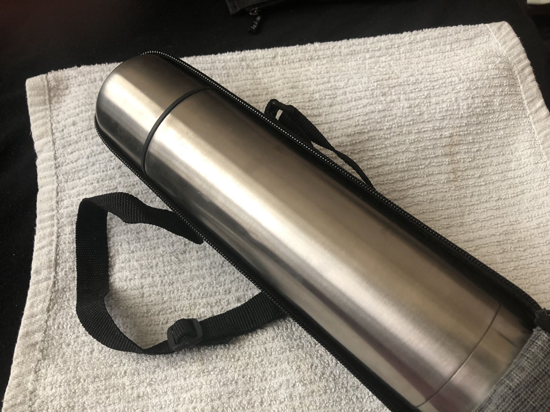 Small thermos in leather case w/strap