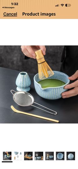 5-Piece Matcha Kit - Complete Matcha Set with Bamboo Whisk, Bowl with Spout, Scoop, Strainer & Holder - Practical Matcha Whisk Set (Striped blue)
