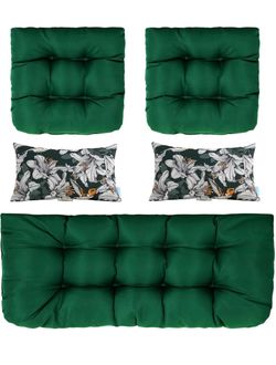 New! Set of 5 Loveseat Patio Cushions Bench Seat Pads Pillows Green Tufted padding with matching throw pillows, complete replacement cushion kit for o