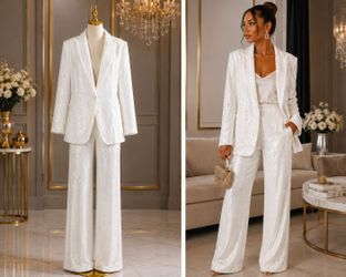 White Sequin Blazer and Wide-Leg Pants Set