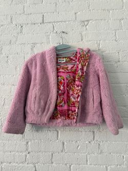 Moschino Kids Pink Faux Fur Teddy Jacket Size 8 (128 cm) Belt Print Lining