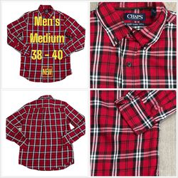 Men's Chaps Medium 38 - 40 Shirt Twill Plaid Red Black Long Sleeve Pocket NWOT