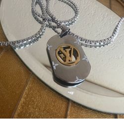 Authentic Louis Vuitton, Lv, Dog Tag Chain Necklace, Silver Gold
