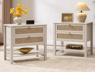 Set of 2, 26.7" Extra Wide Bedside Table with 2 Drawers & Open Shelf, White Oak Large Side Table
