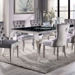 Brand New Glam Black Gray Chrome 7pc Dining Table Set