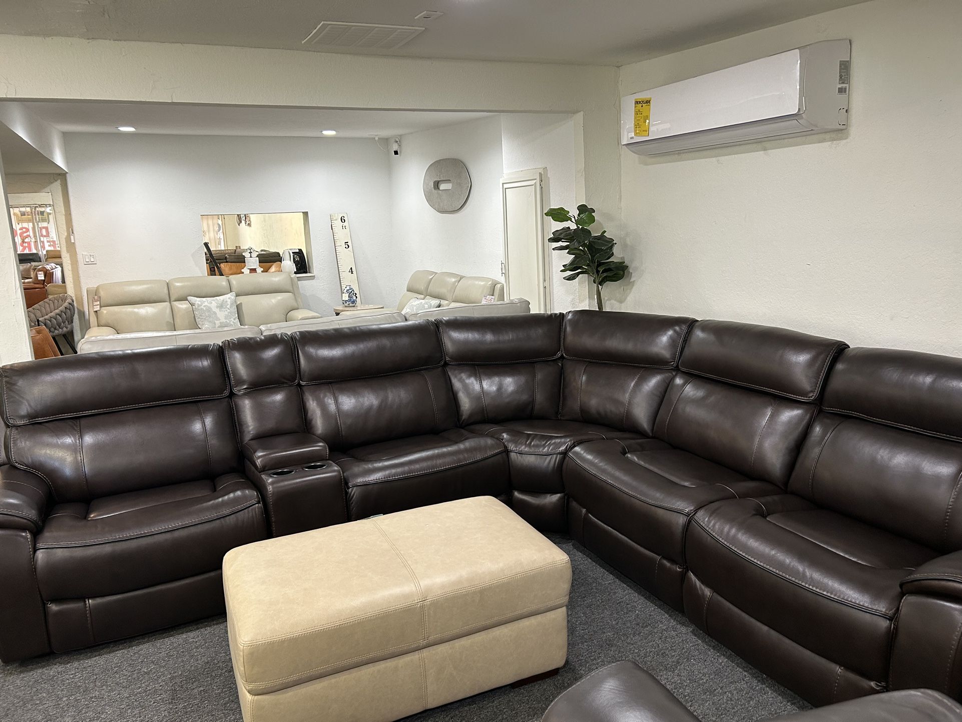 Furniture Real Top Grain Leather Zero Gravity 6 Pc Sectional With 3 Power Recliners Hutchenson
