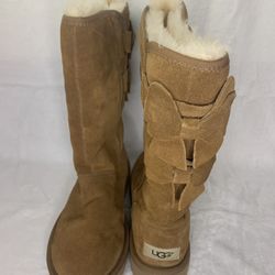 Ugg Australia Allegra Bow Chestnut Boots Women Suede Sheepskin Shearling